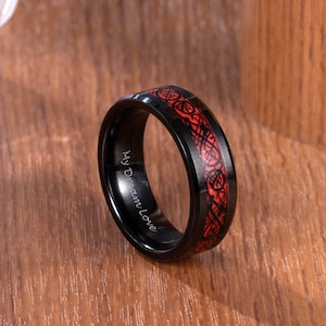 8mm Black Tungsten Ring, Red Celtic Dragon Inlay Ring,  Men&#39;s Celtic Ring, Tungsten Wedding Band, Anniversary Ring, Engagement Gift