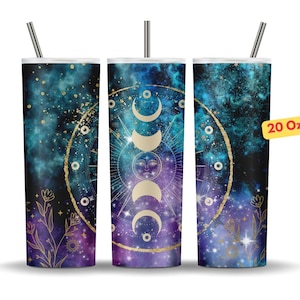 20 Unzen himmlisches Tarot-Universum mit glitzernder Goldbecherverpackung Sublimationsdesign PNG, dünnes gerades und konisches Becherdesign