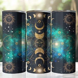 Himmlischer Mond & Sonne, Galaxie, Astrologie, Universum, Glitter Gold, 20 Unzen Skinny Tumbler Sublimation Design, konische und gerade Becherverpackung