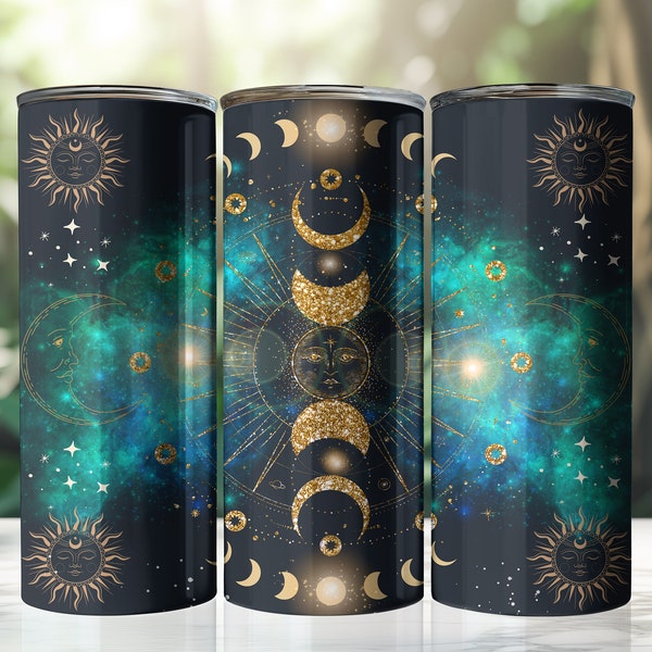 Celestial Moon & Sun, Galaxy, Astrology, Universe, Glitter gold, 20oz Skinny Tumbler Sublimation Design, Tapered and Straight Tumbler Wrap