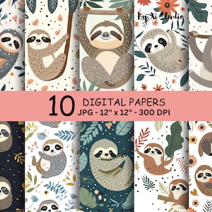 Ilustração de preguiça em papel digital, sem costura, papel para artesanato para impressão, scrapbooking, impressão gráfica de animais fofos da selva para crianças, crianças
