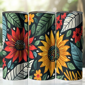 Girasol, flor tropical, hoja verde, diseño de sublimación de vaso delgado de 20 oz, envoltura de vaso cónico y recto, PNG, descarga digital