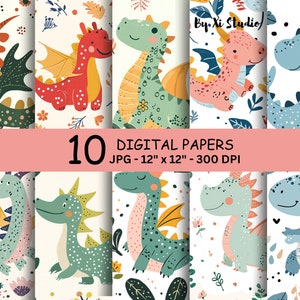 Dragon Illustration Digital Paper Pack, Seamless, Printable Craft Paper, Scrapbooking pages, Cute Cartoon Animals Graphic Print for kids