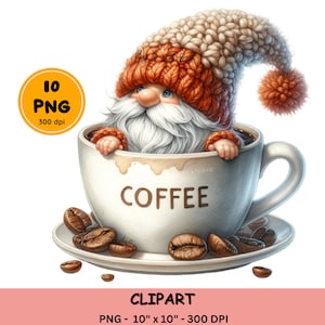 Watercolor Coffee Gnome Clipart, Coffee Gnome PNG, Coffee Lover Gnome Sublimation Designs, Coffee cups, cute gnome, Digital download file
