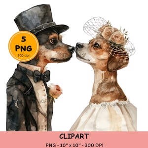 5 Hunde Braut & Bräutigam Aquarell Clipart, Hund Hochzeitspaar Clip Art, Sofortige digitale Datei Download, niedliche Tiere, Sublimation, PNG, Karten