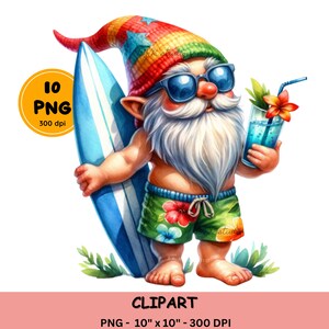 Watercolor Summer Beach Gnome Clipart, Surf Gnome clipart, Beach Gnome PNG, Summer Gnome Sublimation Design, digital download file
