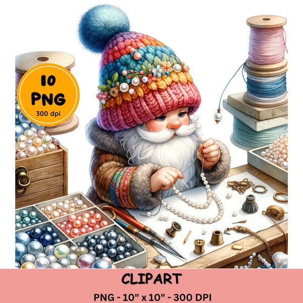 Watercolor Jewelry Making Gnome Clipart, Sewing Gnome Sublimation Design, Crafting Gnome PNG, workshop clipart, digital file download