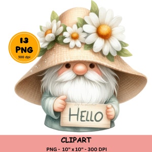 Clipart gnome marguerite mignon, nain d'été, dessins de sublimation de nain de fleur, bonjour signe, signe de bienvenue, nain de jardin png, fichier à téléchargement numérique