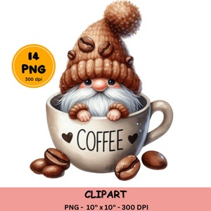 Watercolor Coffee cup Gnome Clipart, Coffee Gnome PNG, Coffee Lover Gnome Sublimation Designs, cute gnomes, Gnome in mug, Digital download