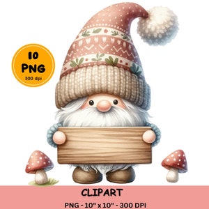 Wichtel mit Holzschild ClipArt, füllen Sie Ihren eigenen Text, Gnom Sublimation, druckbares Aquarell, Zwerg Sublimationsdesigns, Holzschild, Digital