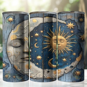 Himmlischer Mond und Sonne aus Holz, Astrologie, Tarot, Universum, Mythisch, 20 Unzen Tumbler Wrap, Skinny & Tapered Tumbler, Sublimationsdesign, PNG