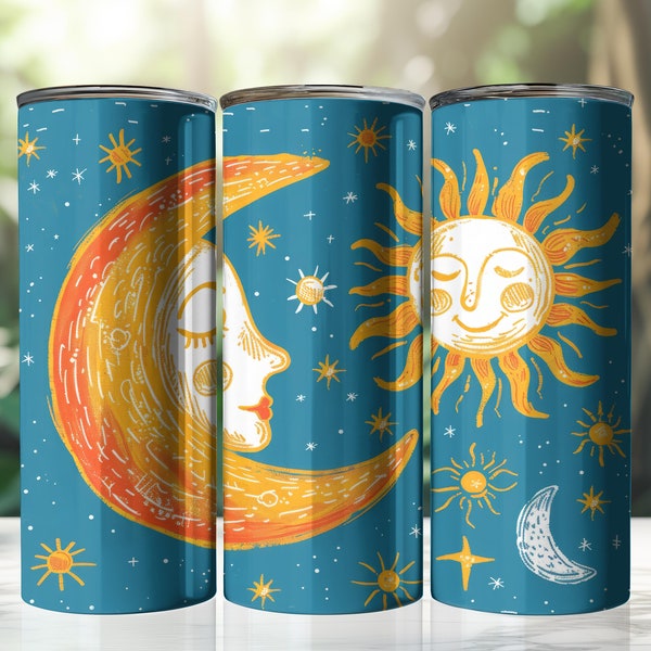 Sun and Moon Tumbler wrap, Celestial Tumbler design, 20 oz Skinny & Tapered Tumbler Sublimation Design, Teal Blue color