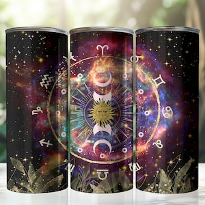 Zodiac, Celestial Moon & Sun, Galaxie, Astrologie, Glitter Gold, 20 Unzen Skinny Tumbler Sublimation Design, konische und gerade Becherverpackung