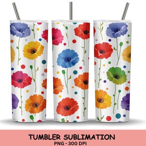Fleur de pavot arc-en-ciel lumineuse de 20 oz, conception de sublimation d'enveloppe de gobelet floral sans couture, téléchargement de fichier PNG, pour un gobelet maigre et conique