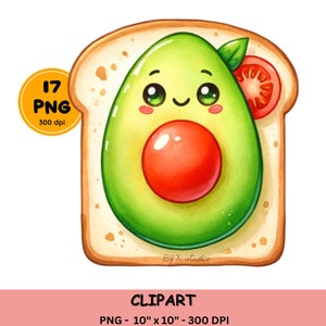 Clipart di cibo Kawaii, design sublimato del cartone animato carino colazione, cibi carini PNG, download digitale, pancake, pane di avocado, pancetta e uova