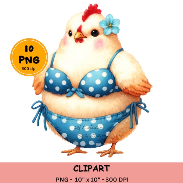 Watercolor Cute Chicken in bikini Clipart, Summer Beach Chicken illustration, Funny chicken PNG, cute hen wearing swimsuit, Summer Hen png