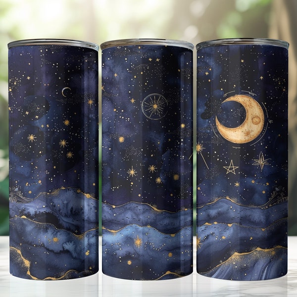 Constellation, Midnight Blue Sky, Star, Moon, Galaxy, Universe, Astrology, 20oz Skinny Tumbler Wrap, Tumbler Sublimation Design, Digital PNG