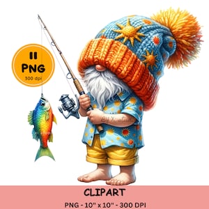 Watercolor Fishing Gnome Clipart, Gnome Sublimation Design, Fishing PNG, digital download file