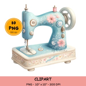 Simpatica clipart per cucire, ClipArt per macchina da cucire floreale ad acquerello, puntaspilli, ditale, filo png, design a sublimazione, download di file digitali