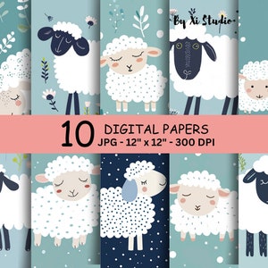 Cute Sheep Illustration Digital Paper Pack, Seamless, Printable Craft Paper, Scrapbooking, Cute Animals Cartoon Graphic Print, for kids