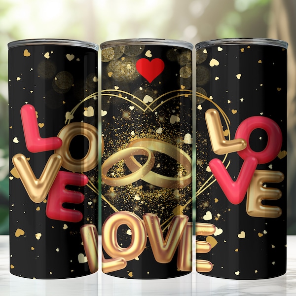 20oz Black and Gold Love tumbler Wrap, Tumbler Sublimation Design, for skinny & tapered tumbler, gold ring, heart Png