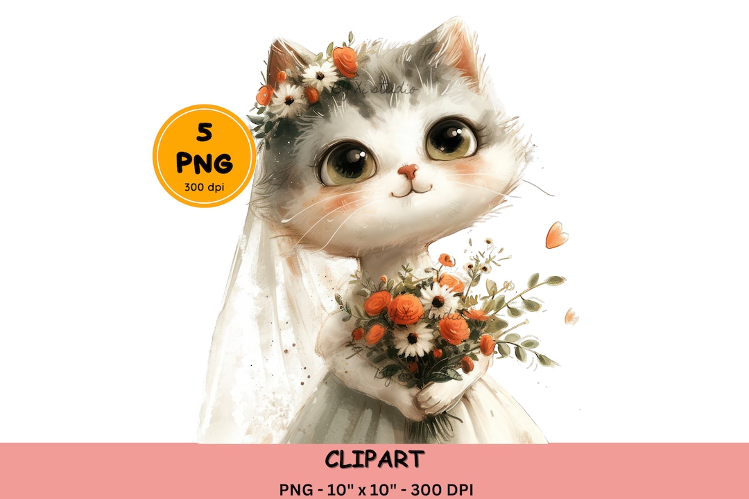 5 Cat Bride & Groom Watercolor Clipart, Cat Wedding, Kiss, Couple Clip