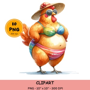 Clipart de pollo lindo de acuarela en bikini, ilustración de pollo de playa de verano, PNG de pollo divertido, gallina linda con anteojos, traje de baño, sombrero