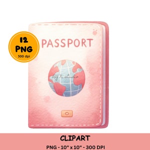 Travel Clipart, Acuarela Vacation Clip art, vacaciones de verano, pasaporte, maleta, equipaje, boleto aéreo, png, diseño de sublimación, elementos