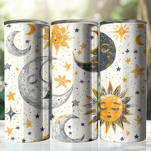 Sonne & Mond Becherverpackung, himmlisch, Astrologie, Stern, lustiges Becherdesign, 20 Unzen Skinny Tumbler Sublimation PNG, digitaler Download, weiß