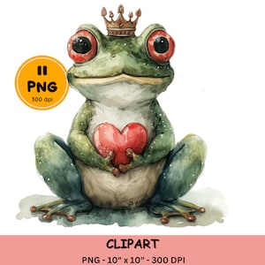 10 Watercolor Prince Green Frog holding heart ClipArt, Instant Digital file Download, Printable Cute Animals Illustration, Sublimation, PNG