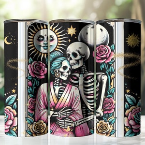 Envoltório de copo estilo cartão de tarô para amantes de esqueleto de 20 onças, casal apaixonado, caveira, design de sublimação de esqueleto, arquivo de copo PNG, skinny e taper