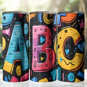 Doodle lumineux, Abc, alphabets, lettres, retour à l'école, gobelet skinny 20 oz, design par sublimation, emballage de verre, néon vibrant, PNG numérique