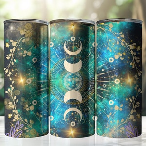 Himmlisches Tarot, Mond & Sonne, Sternenlicht, Universum, Astrologie-Design, Glitter-Gold, 20 Unzen Skinny Tumbler, Sublimationsdesign PNG, Tumbler Wrap