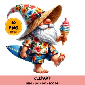 Watercolor Summer Gnome Clipart, Summer Beach Gnome Sublimation Design, Beach Gnome PNG, digital download file