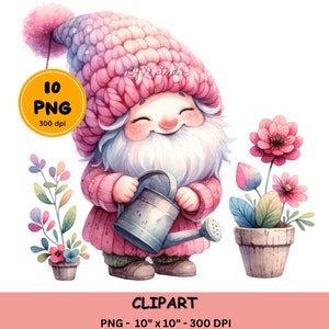 Acuarela jardinería Gnome ClipArt, sublimación de gnomos de primavera, imprimible, decoración de jardín, lindos diseños de sublimación de gnomos de vivero, archivo digital
