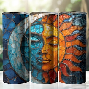 Glasmalerei, Himmlische Sonne und Mond, Astrologie, Mythologie, Tarot, Universum, 20 Unzen Tumbler Wrap Sublimation Design, PNG, digitaler Download