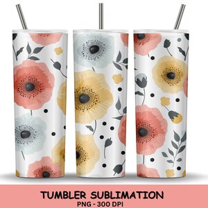 20 oz de fleurs de pavot rouge pastel et jaune, papier peint floral sans couture, design par sublimation, téléchargement de fichier PNG, pour verre fin et fuselé