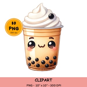 Kawaii Bubble Tea Clipart, Cute Boba tea Clipart, Boba Tea cartoon Sublimation Design, Cute foods PNG, milk tea, green tea, digital download