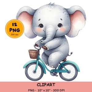 Aquarelle animaux de safari sur vélo Clipart, clipart mignons bébés animaux, dessins par sublimation, vélo, vélo Png, décoration de chambre d'enfant, fichier numérique