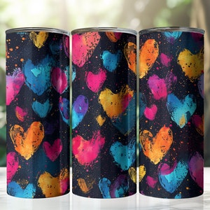 Coração vibrante aquarela de 20 onças, amor, envoltório de copo sem costura, design de sublimação, download de arquivo PNG, para copo fino e cônico, preto