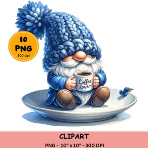 Watercolor Coffee Gnome Clipart, Gnome Coffee PNG, Cute Gnome Sublimation Designs, Teacup gnome clipart, digital file, assorted colors
