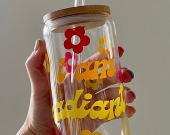I Am Radiant Glass Can Cup | Mantra Beer Can Glass | 16oz Water & Iced Coffee Cup with Bamboo Lid