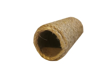 May include: A brown, woven, cylindrical cat tunnel made of natural fibers. The tunnel is open at one end, creating a hiding place for cats.