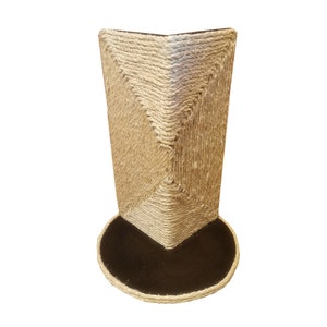 May include: A triangular cat scratching post with a brown base and sisal rope covering the sides.