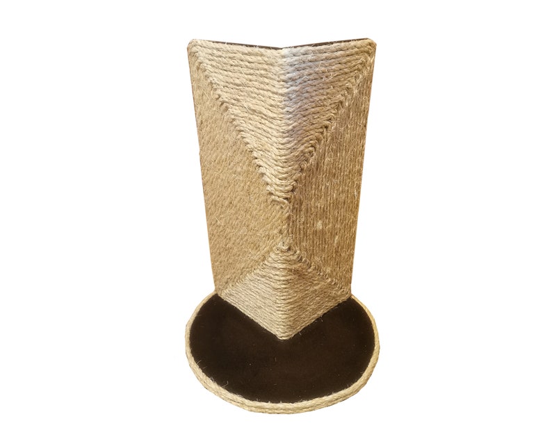 May include: A triangular cat scratching post with a brown base and sisal rope covering the sides.