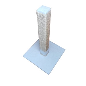 May include: A white cat scratching post with a square base and a tall, rope-covered post.