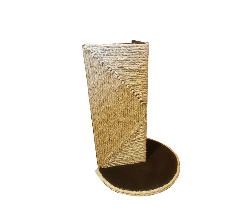 May include: A brown and beige cat scratching post with a round base. The post is covered in sisal rope and has a textured surface.