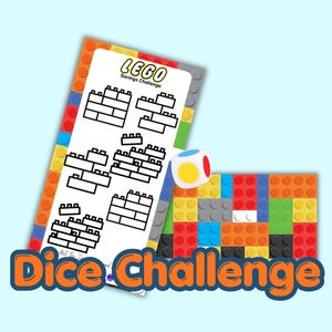 May include: A colourful image featuring a "LEGO Savings Challenge" game. The design includes a white card with block illustrations, a die, and a block structure. The words "Dice Challenge" are displayed in a vibrant orange and blue font.