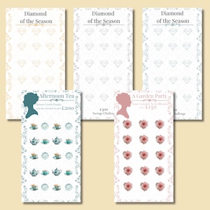 May include: A selection of savings challenge cards with decorative designs. The cards feature diamond patterns, floral borders, and silhouette designs. One card has teacups, another has roses, and the others have diamond patterns.