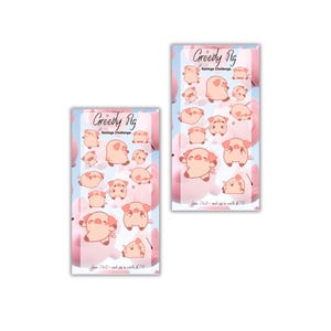 May include: Two rectangular cards with a light blue background and pink pig illustrations. The text "Greedy Pig Savings Challenge" is at the top. The cards feature multiple pig illustrations and text at the bottom.